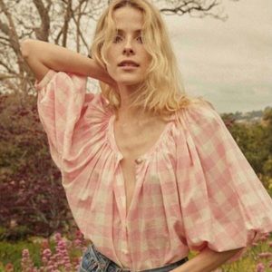 Doen Jeanne Top Blouse Rosette Gingham Check Pattern Pastel Pink M